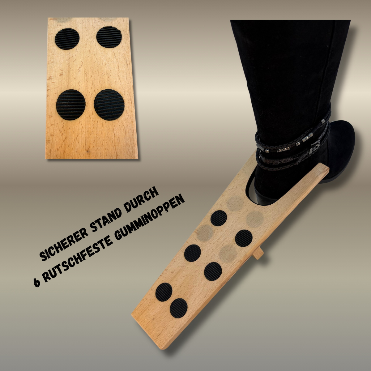 Leichte optische Verfärbungen - 1 Stück Stiefelknecht Ausziehhilfe aus Buchenholz mit 6 Gummi-Noppen