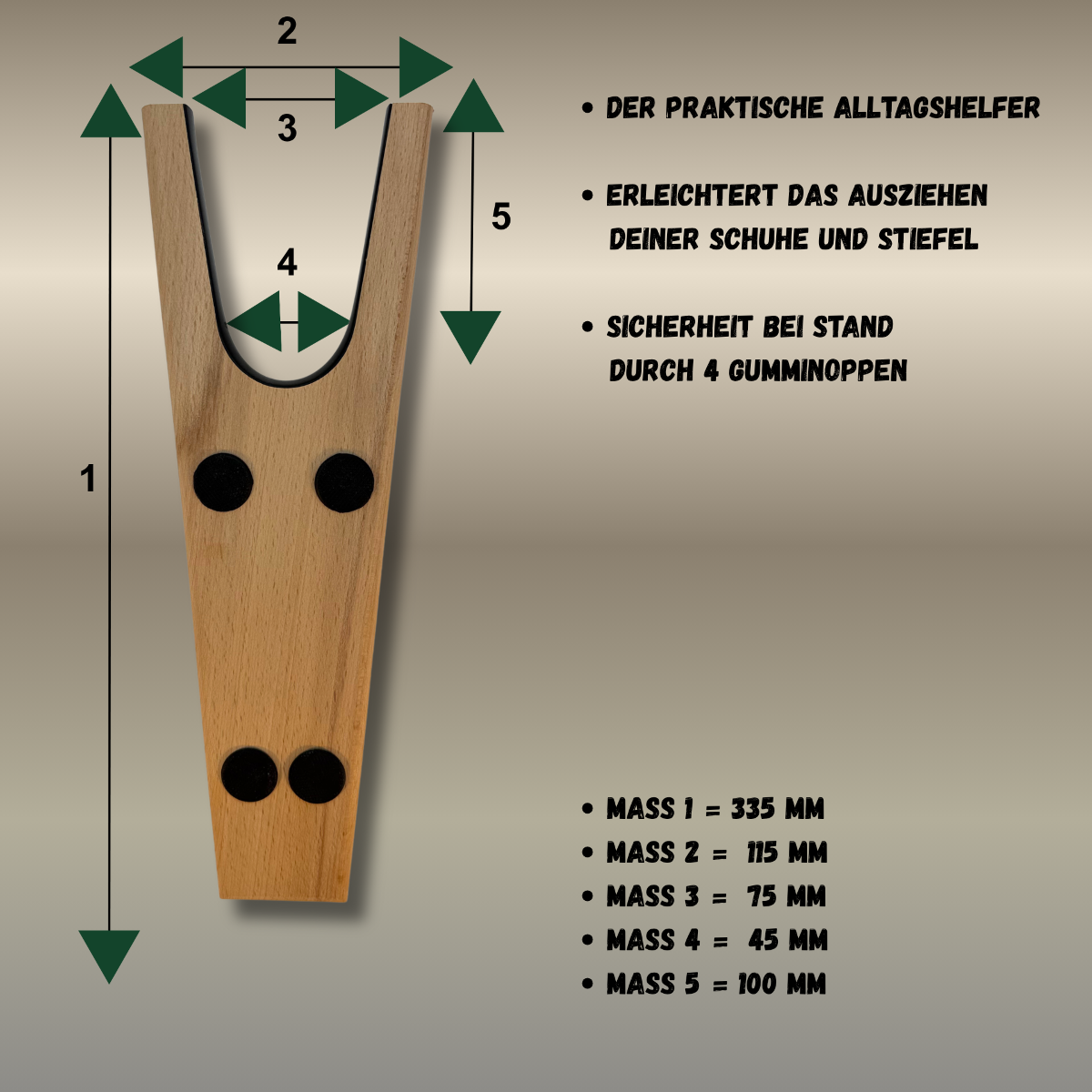 1 Stück Stiefelknecht Ausziehhilfe aus Buchenholz mit 4 Gummi-Noppen