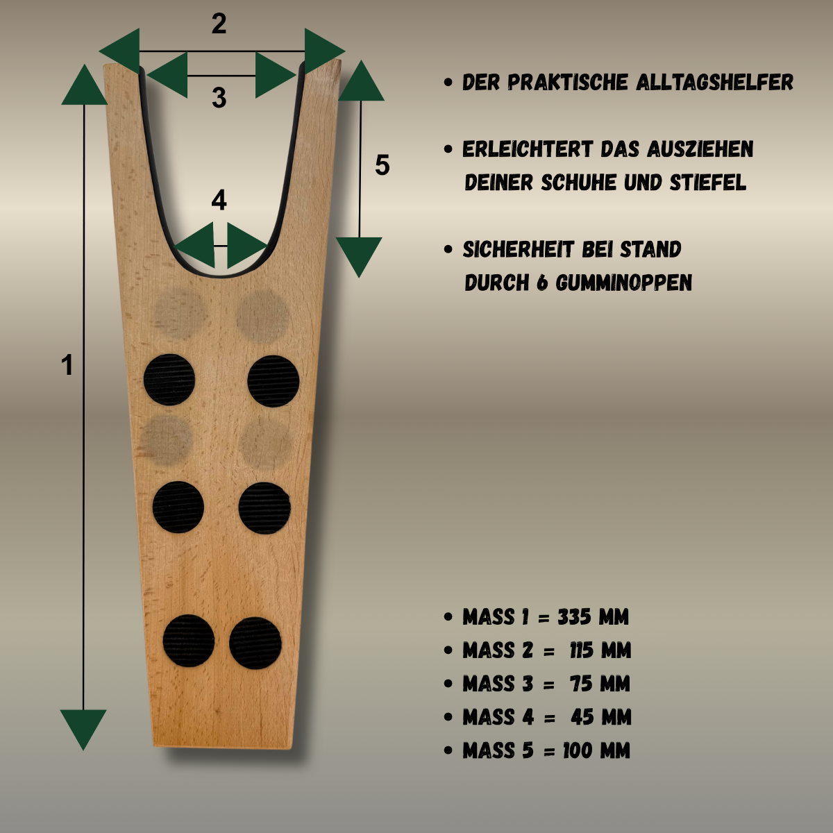 Leichte optische Verfärbungen - 1 Stück Stiefelknecht Ausziehhilfe aus Buchenholz mit 6 Gummi-Noppen